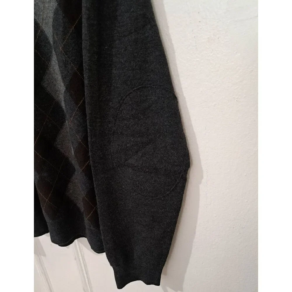 Banana republic mens large sweater argyle gray brown fine wool patch elbow